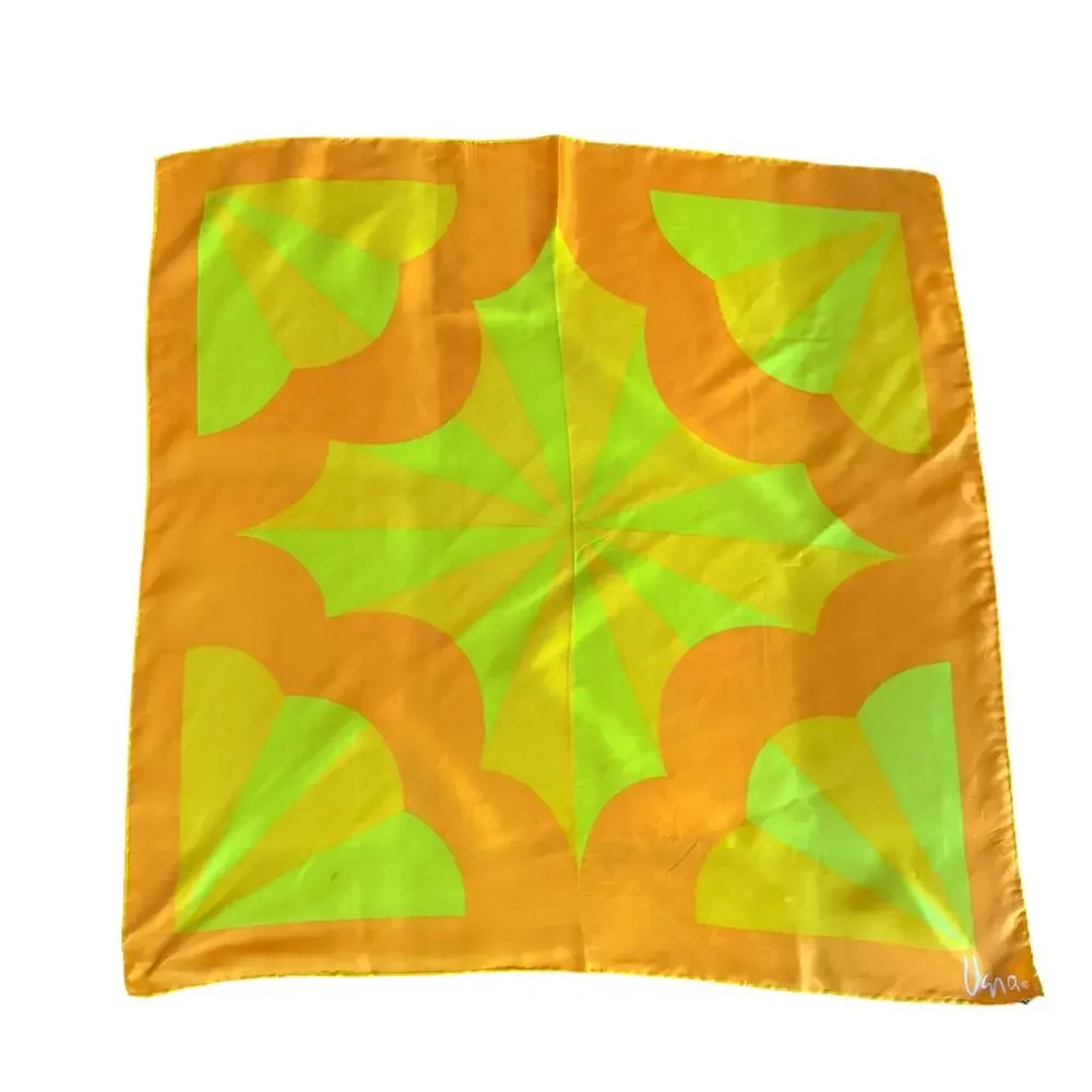 Vintage Vera Neumann Silk Japan Scarf 1970s Op Art Geometric Orange Green 27x27